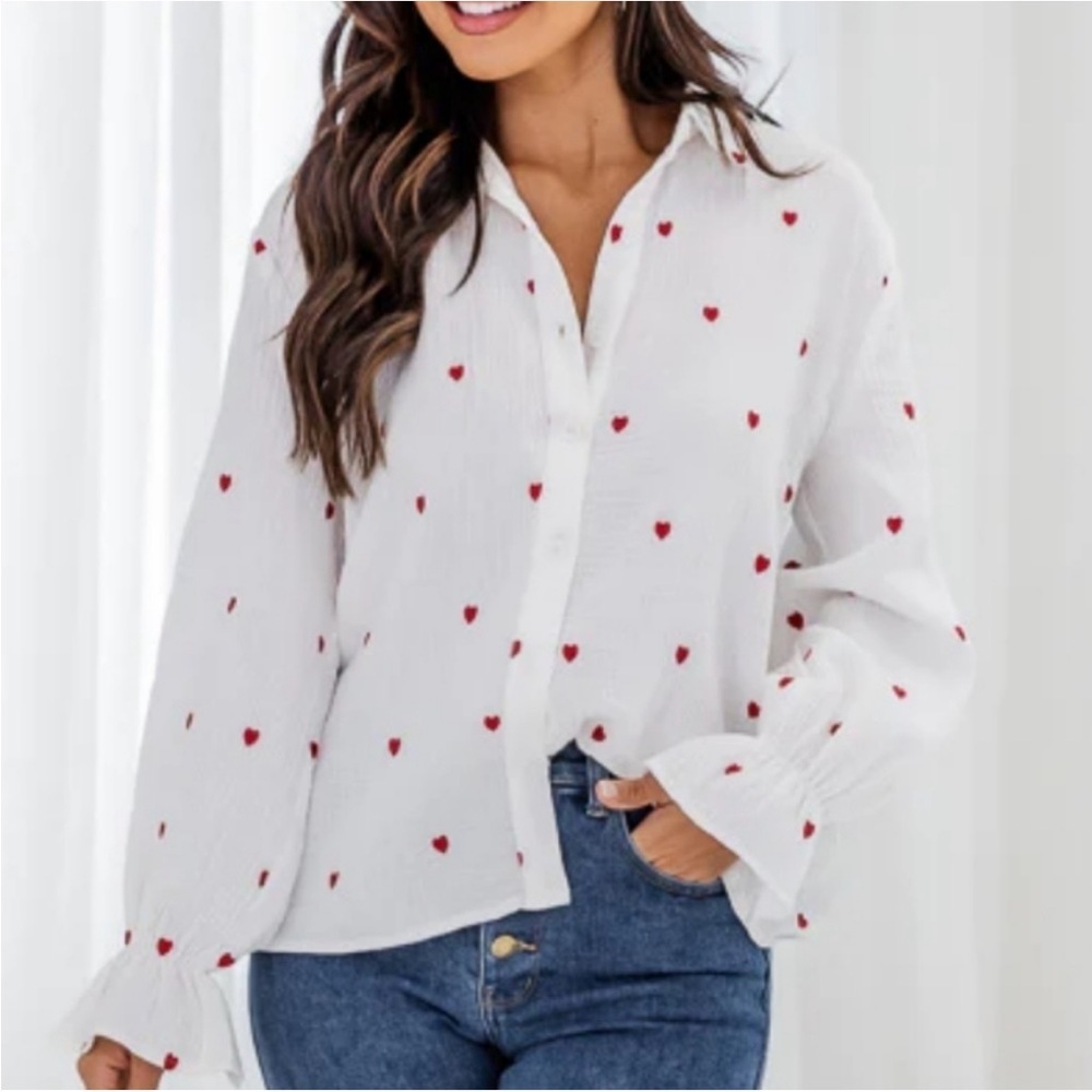 Pink Lily White Blouse with Red Heart Accents
